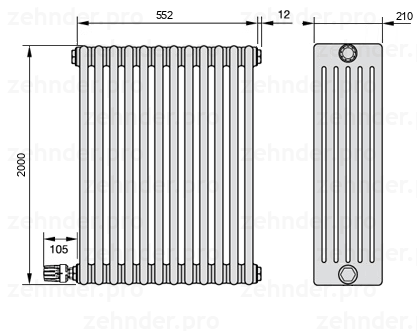 Схема (чертеж) Радиатор Zehnder Charleston 6200/12 №V004 Белый глянцевый RAL 9016